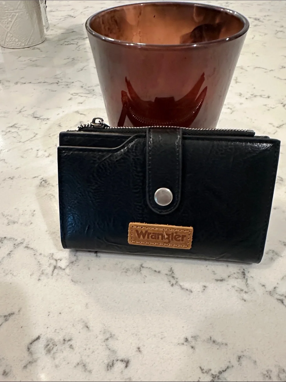 Wrangler Black Wallet with Tan Logo Patch and Snap Closure